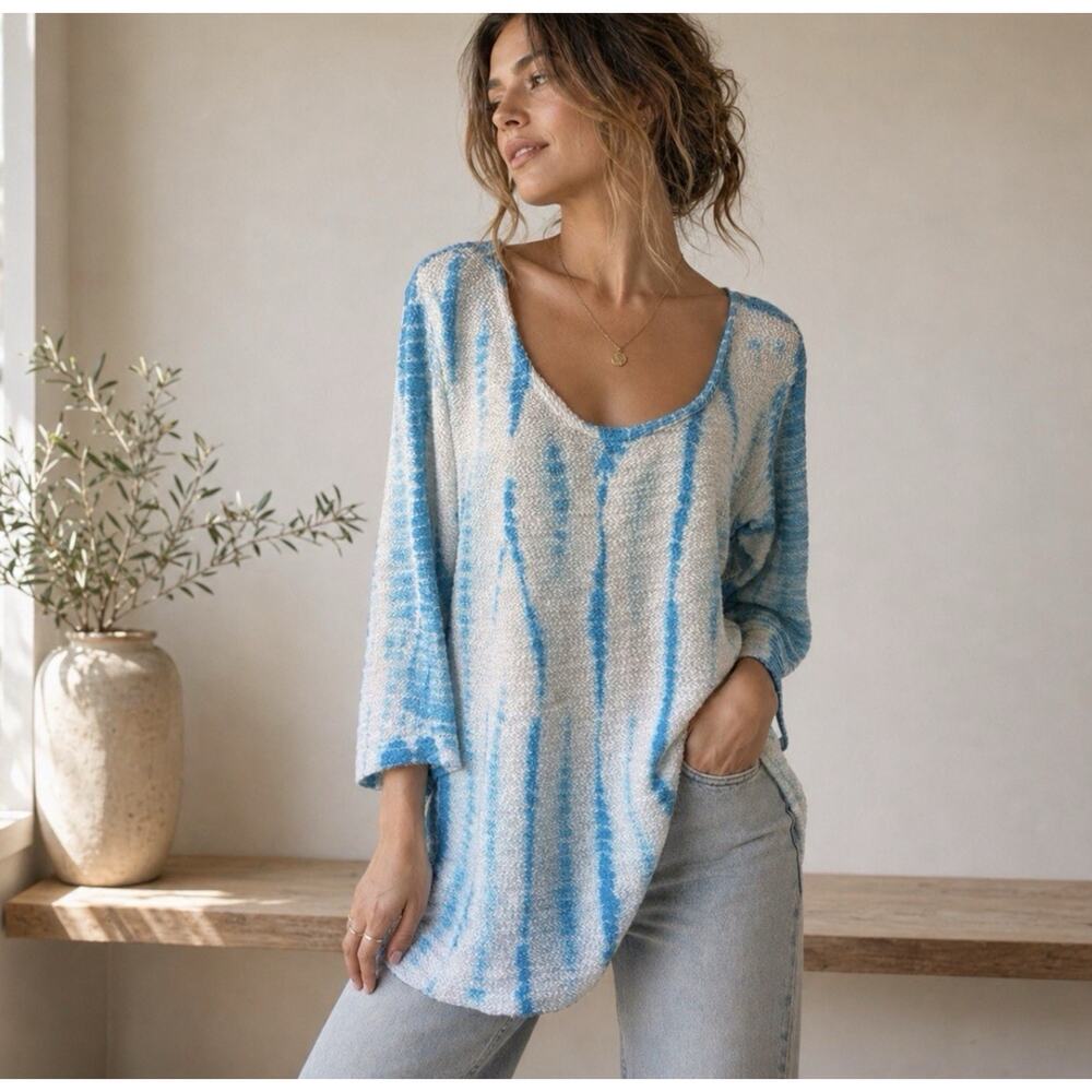XCVI Blue Tie Dye 3/4 Sleeve Tunic Top Soft Comfy Size XXL